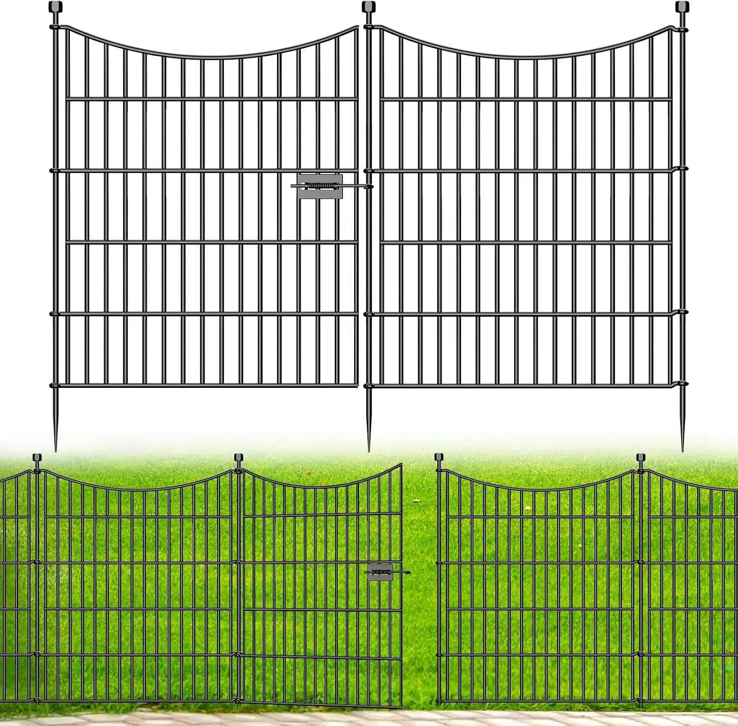 No Dig Dog Fence Outdoor for Yard with Gate, 32 in(H) X 23.6 ft(L) | 10 Panels Decorative Garden Fence Animal Barrier, Rustproof Metal Wire Garden Edging and Borders, Temporary Fencing Stakes
