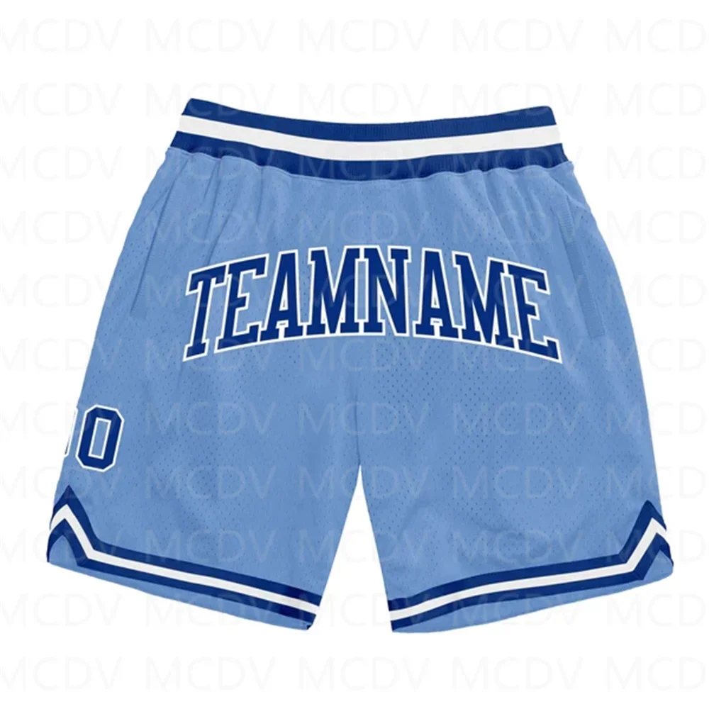 Shorts de basquete azul claro masculino, shorts vermelho-real, retrocesso autêntico impresso em 3D em todo o lado, shorts de praia de secagem rápida, personalizados