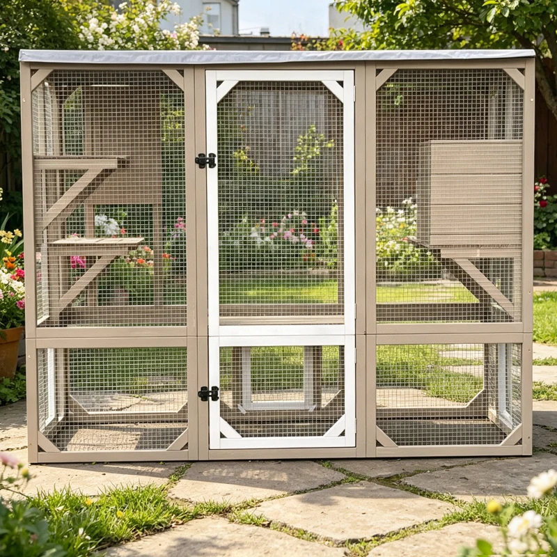 Wholesale Large Space Pet Cage Wooden Outdoor Waterproof Cat Villa House With Cat Tree Tower Cat Playground Cage view 2