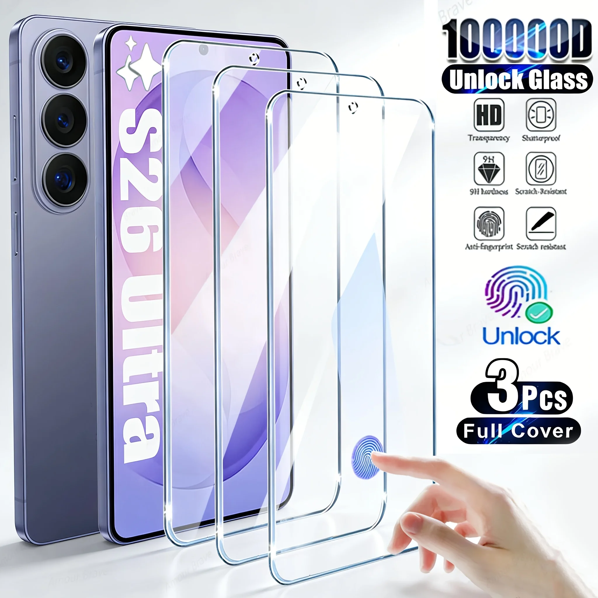 3pcs Ultra HD Tempered Glass Screen Protector for Samsung for Galaxy S26 Ultra 9H Hardness, Full Coverage, Fingerprint Unlocking