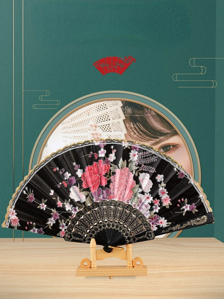 Silk Cloth Gold Edge Fans Chinese Traditional Dance Fan Chinese Style Fan Customized Handmade Folding Fan decorative fan