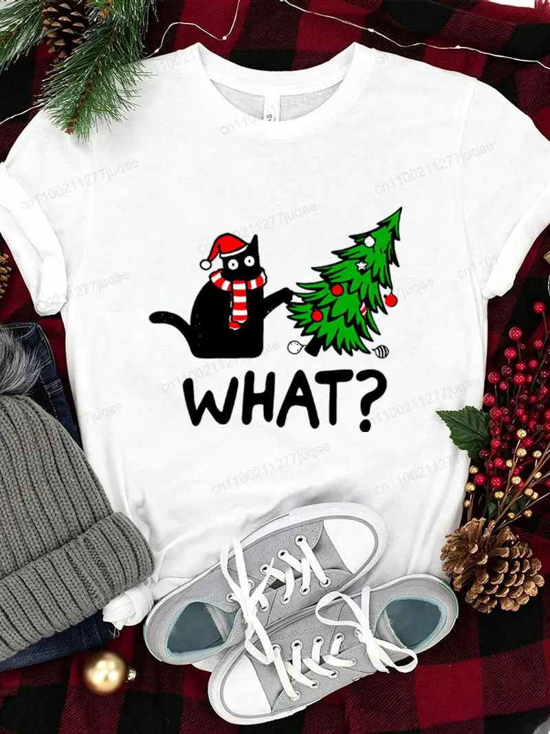 Christmas Funny What Black Cat Graphic T-shirt Women Men Cartoon Cat Xmas Tree Print Short Sleeve Tee Xmas Holiday Clothing Gift