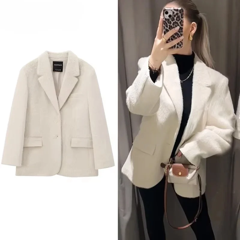 2026 Women's White Faux Fur Blazer Casual Straight Fit Spring Jacket Long Sleeve Fitted Outerwear for Office Wear