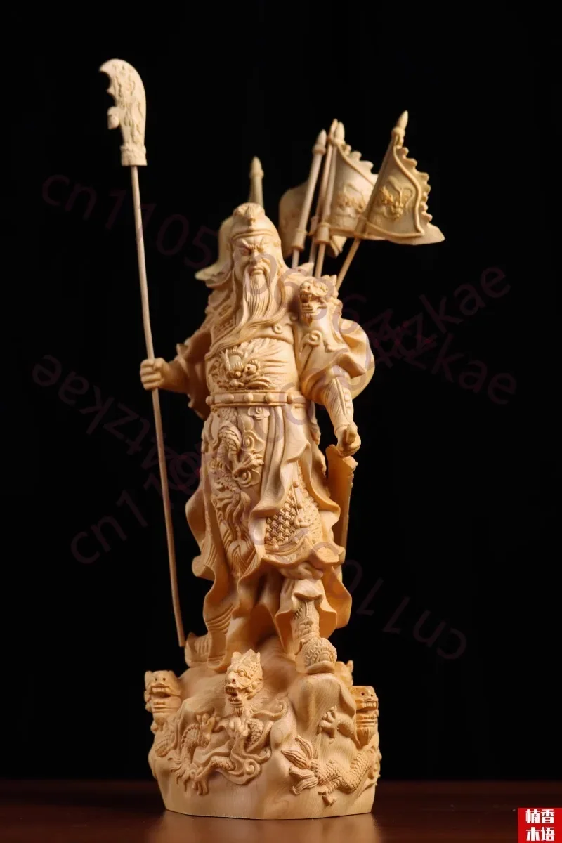 Hand Carved Wooden Guan Gong Statue Figurine w/ Five Flags - God of War Wealth Protector Ornament Home Office Shop Decor Gift