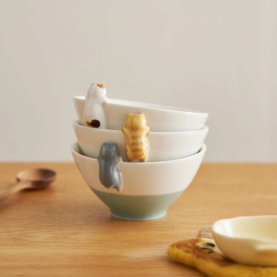 Relief Cat Decor Round Bowl 4.5Inches Under Glaze Ceramic Rice Bowl Creative Home Salad Dinnerware Kitchen Fruit Bowl Tablewares