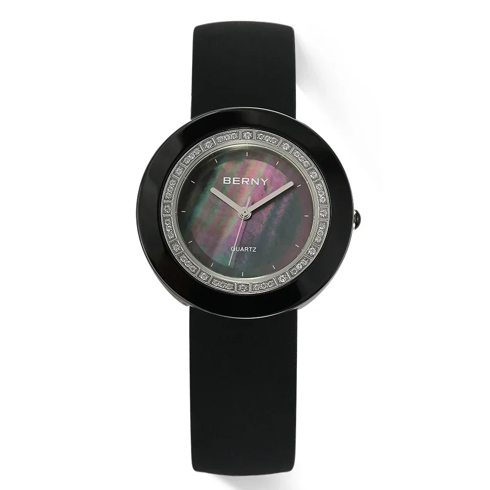 BERNY Women's Watch Quartz Watch for Women Luxury Elegant Zircon Set Ceramics Lightweight Fashion Ladies Wristwatch