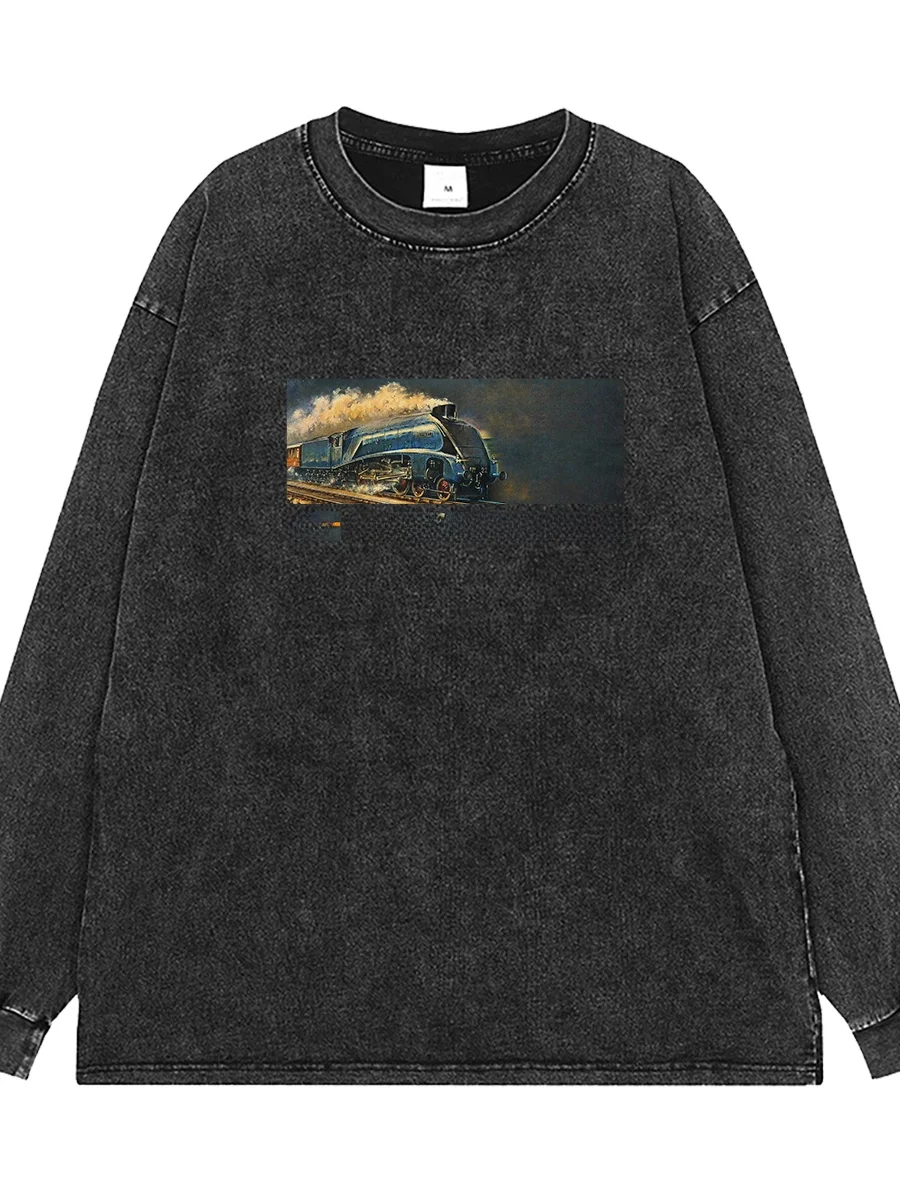 Washed Vintage American Streetwear Long Sleeve T-Shirt Loose Fit  Rock Shoulder Dropped Cotton Crew Neck Art Theme Print