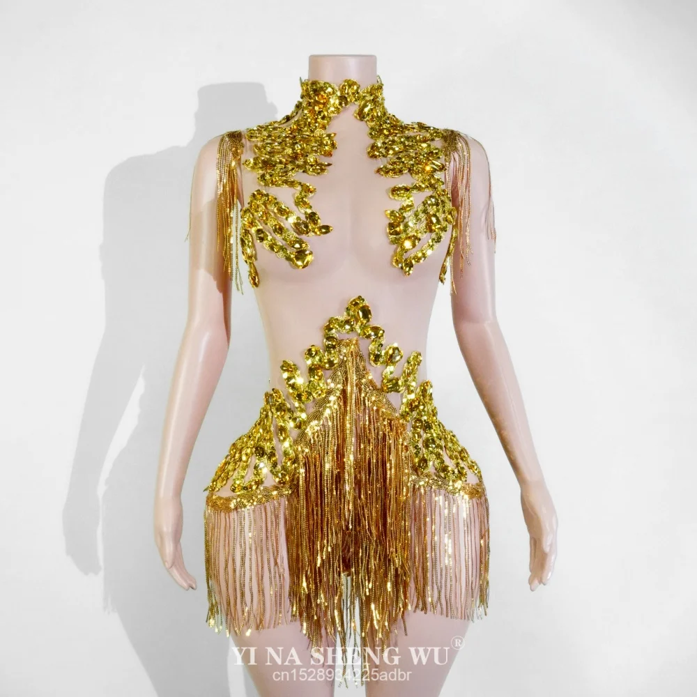 Sexy Mesh Sheer Black Strass Strass Body Cantante Ballerino Spettacolo Abito da palcoscenico Festeggia l'abbigliamento da ballo per feste