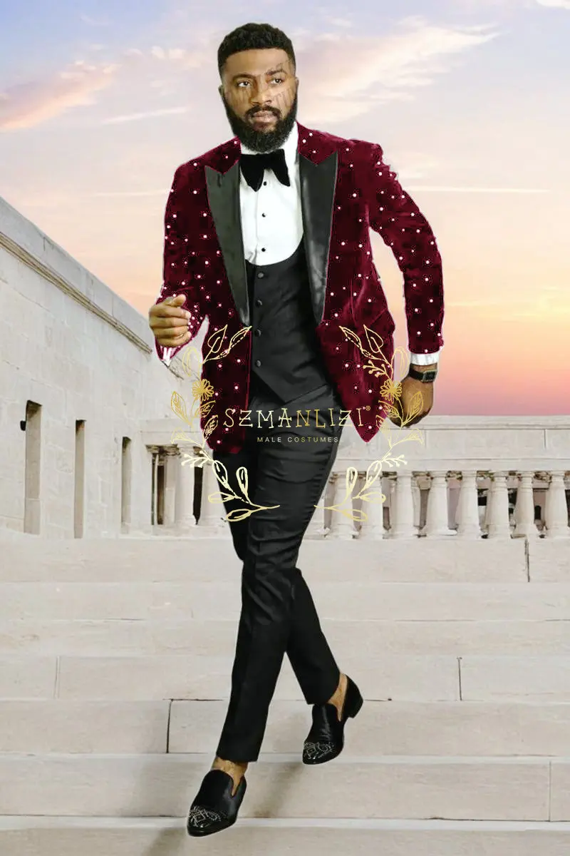 Luxury Beading Burgundy Velvet Men Suits Homme Groom Tuxedos Wedding Party Terno Masculino Slim Fit 3 Pieces Jacket Vest Pants