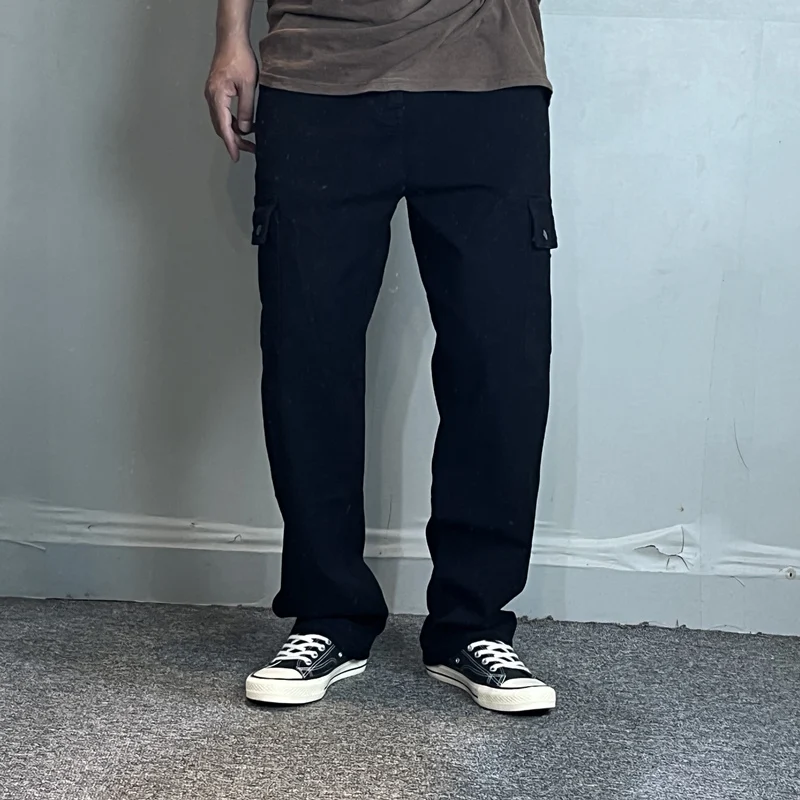 

autumn and winter retro heavy cargo multi-pocket black jeans men's new comfortable elastic thick casual pants