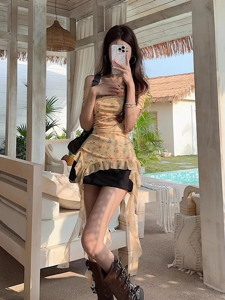 Y2k Aesthetic Sexy Slash Neck Women Printing Tshirts Harajuku Irregular Ruffled Tops Streetwear Grunge Slim Fit Pleated T-shirt