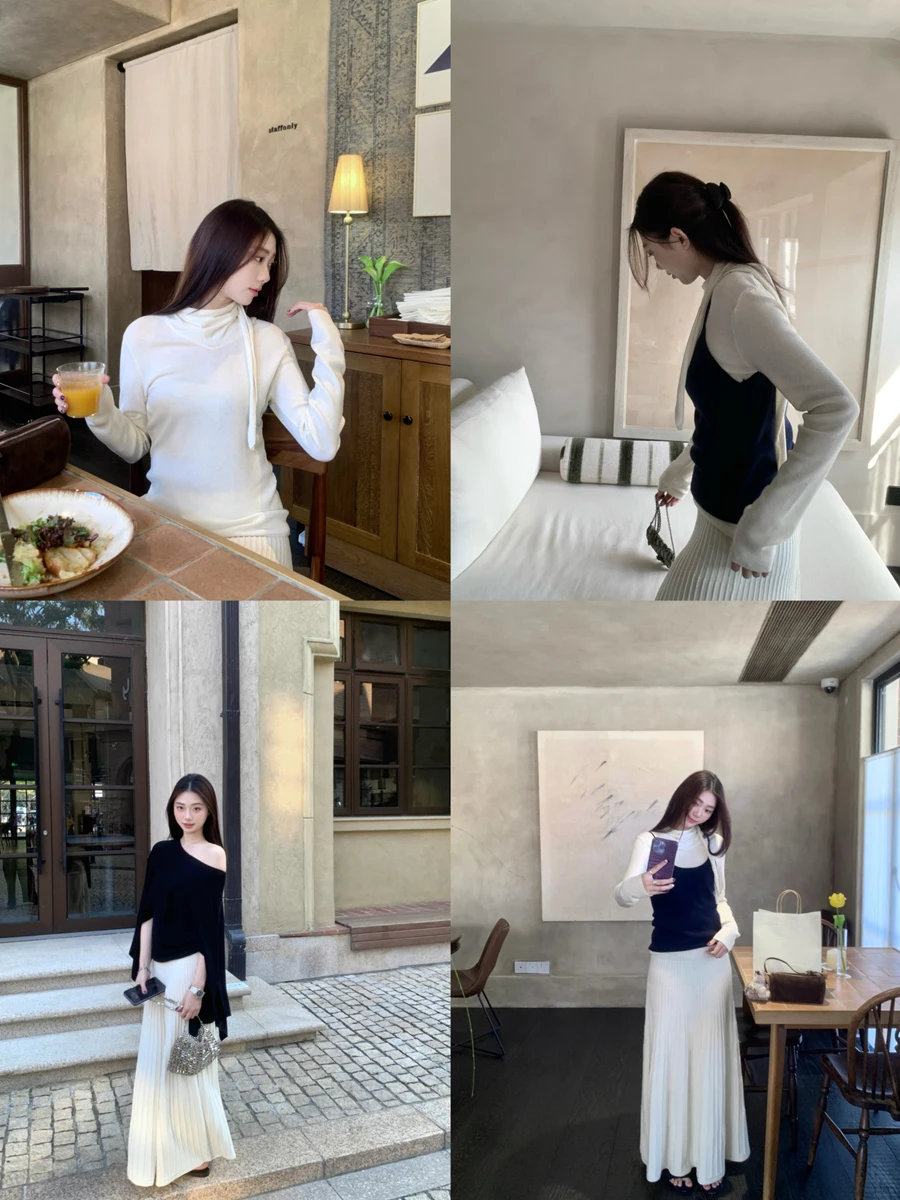 

Комплект из трех предметов: шерстяной вязаный свитер с воротником-шарфом и длинная юбка-рыбка с контрастными цветными вставками