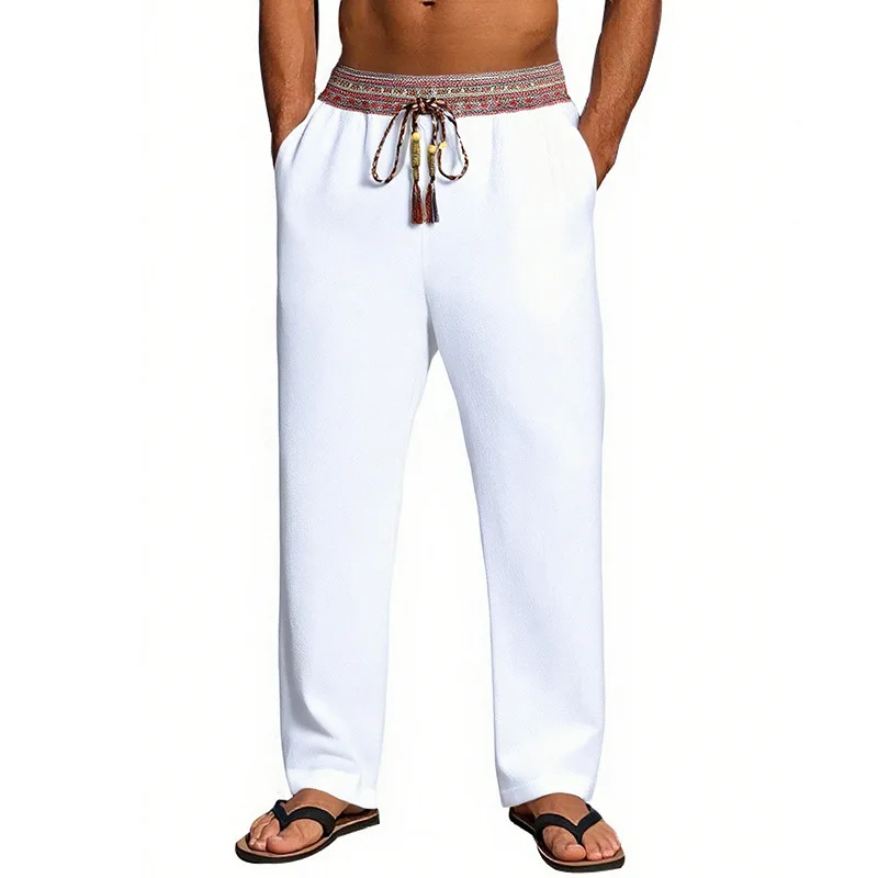 New Men's Retro Color Matching Linen Trousers Loose Sports Beach Casual Trousers
