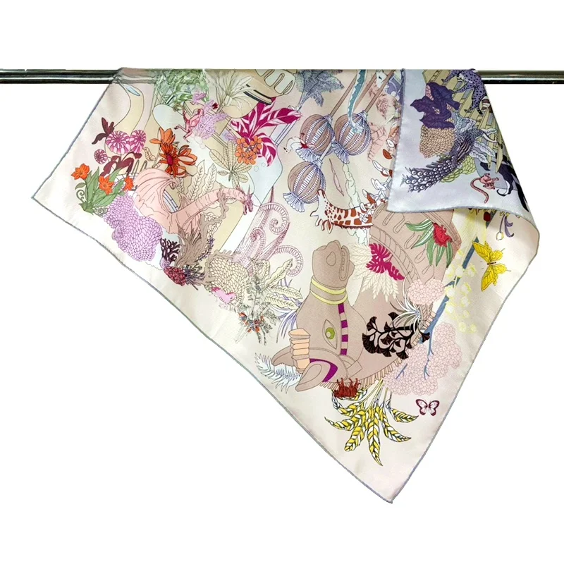 両面シルクスカーフ-マルベリーシルクツイルプリントスクエアスカーフ-幾何学模様-オールシーズン使える多用途ラップ-中国の手工芸品