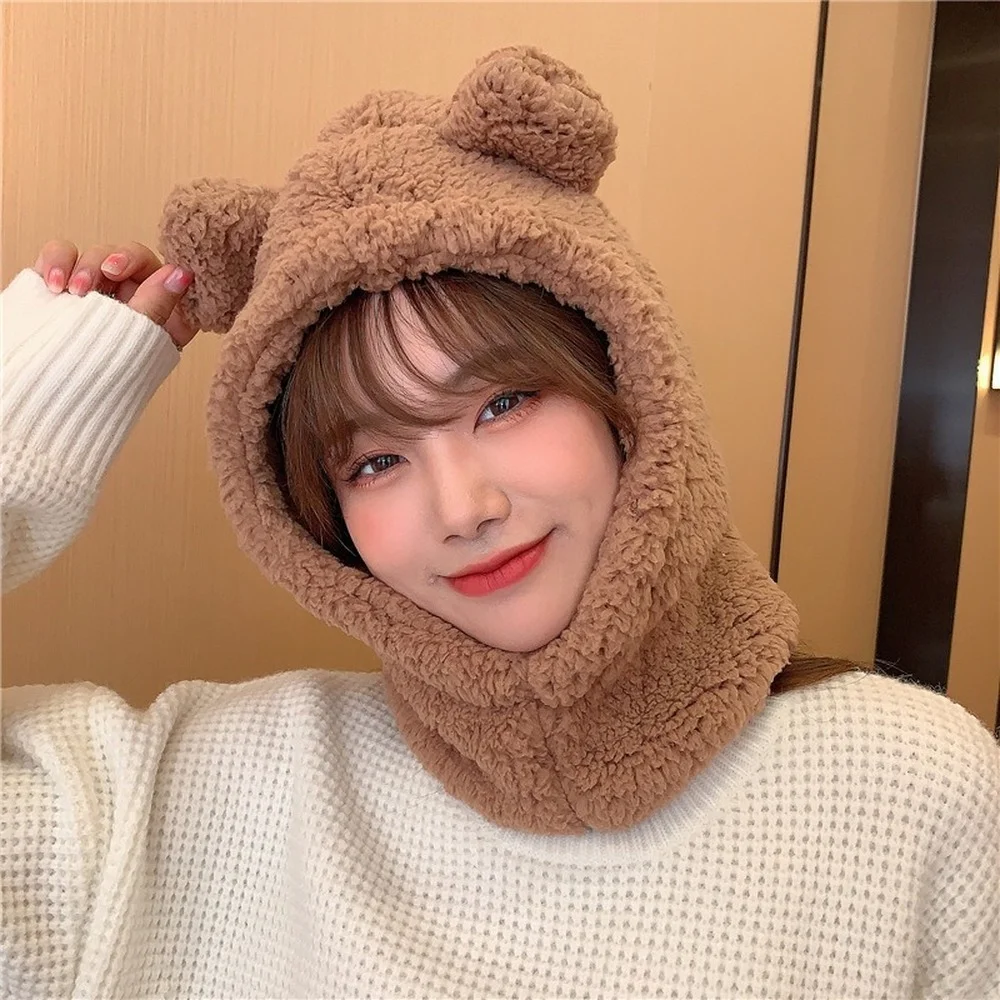 Cute Bear Ears Beanies Women Winter Head Hood Scarf Hat Cap Thicken Cozy Warm Bonnet Female Lamb Balaclava Riding Bobble Hat