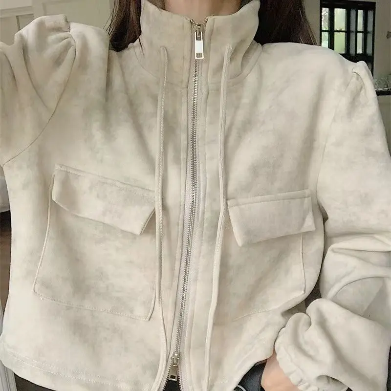 Chaqueta corta con doble cremallera para mujer, ropa de trabajo americana, diseño de nicho femenino, Top holgado adelgazante de cintura alta con cordón, otoño