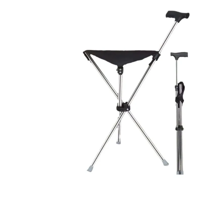 

Non-slip seat Stainless steel portable elderly mountaineering cane foldable