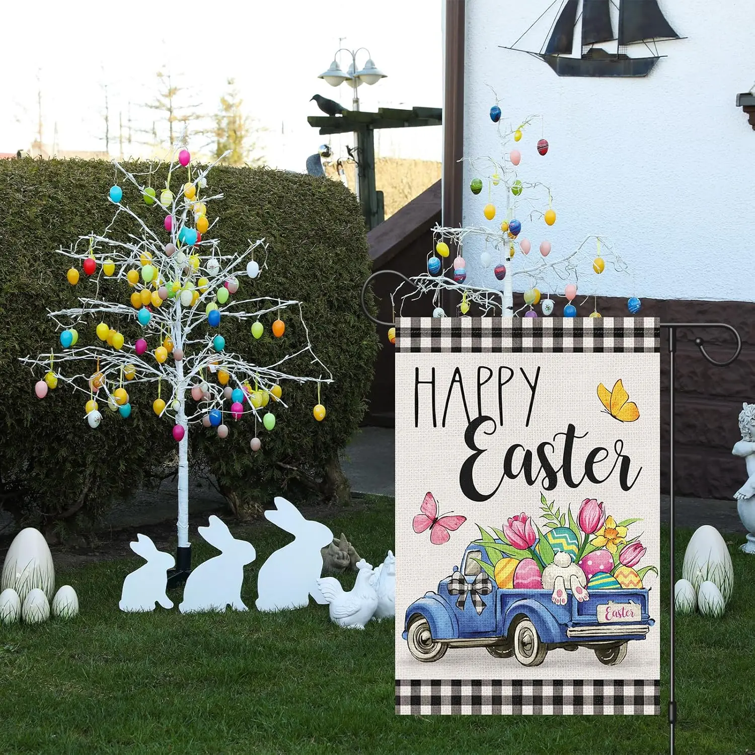 Happy Easter Garden Flag 12x18 Inch Double Sided Burlap, Truck Easter Eggs Yard Flags for Rustic Farmhouse Outdoor Decoratio hhz