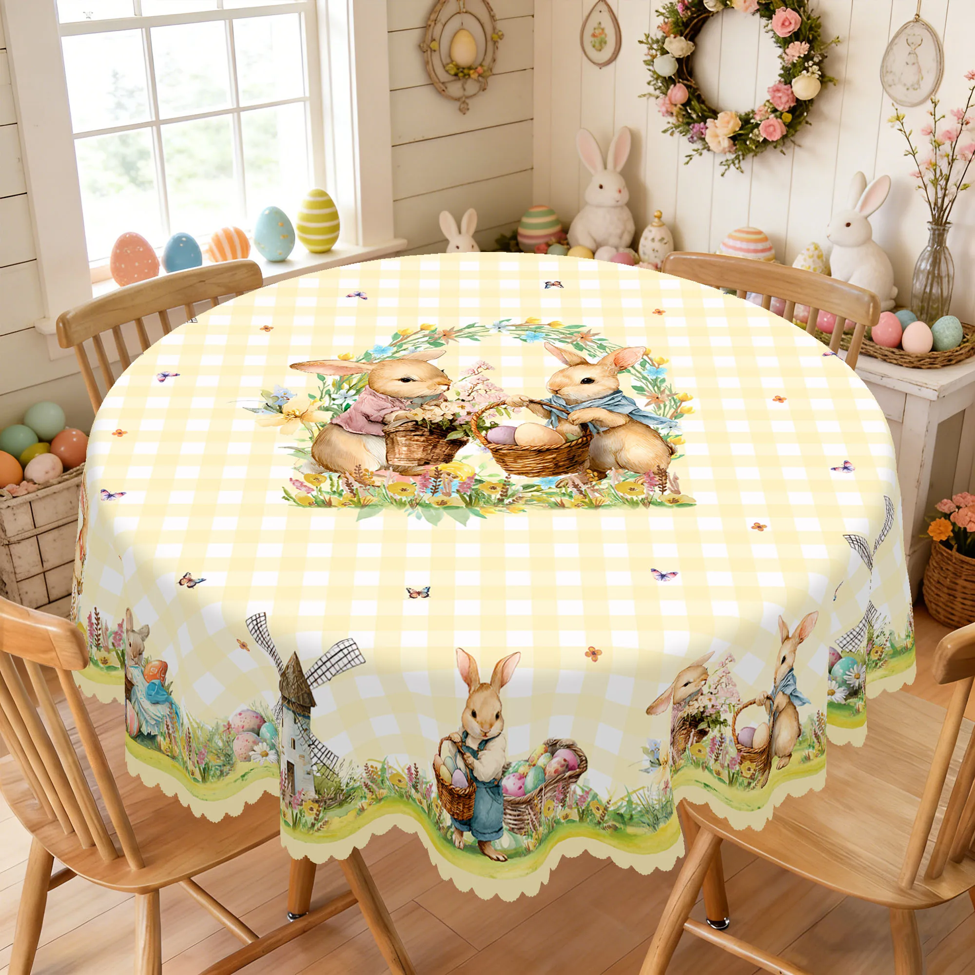 1 Piece of Easter-Themed Round Tablecloth, Available in Various Sizes, Featuring Cute Bunny Paintings Surrounded by Wreaths, and Egg Elements Paired with Fresh Yellow and White Checkered Print Round Tablecloth, with Embossed Edges, Easter Decoration, Spring Garden Tablecloth Decoration, Suitable for Everyday Use in Home Kitchens, Patios, Balconies, Spring Party Decoration Gifts