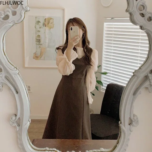 Long Chic Vestidos Fasion Women Cute Sleeveless Dresses Sweet Japanese Korean Style Preppy Girls A Line Slip Shirt Dress