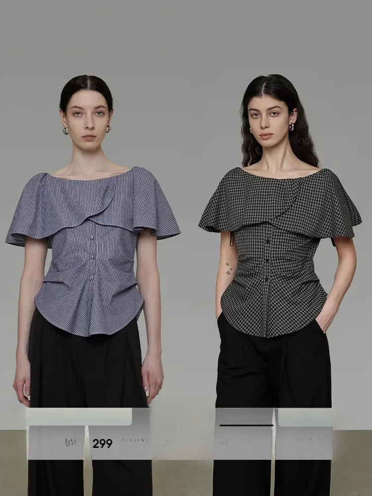 

Slimming Stripe Pattern Short Sleeve Shirt Women's Fashionable Gathered Waist Design Original Design Cotton Pure Fabric