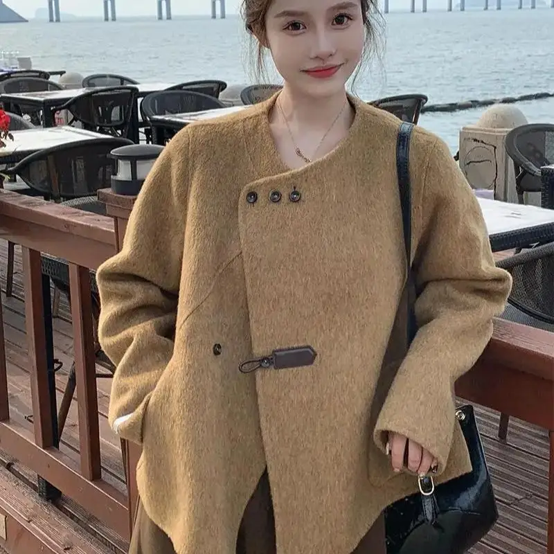 

Short Coat Women Woolen New Chinese Style Khaki 2024 New Autumn Winter Small Temperament Woolen Coat