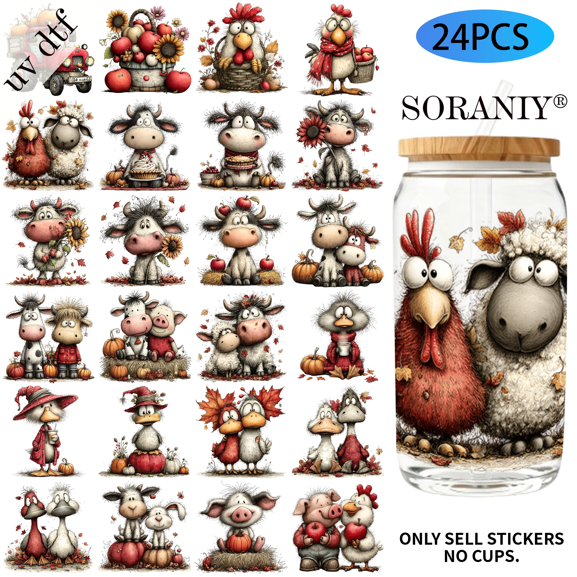 24PCS/Set Autumn Farm Themed UV DTF DIY 16OZ Transfer Stickers Water Bottles Glass Bottles Laptops Home Decoration DIY High Visc