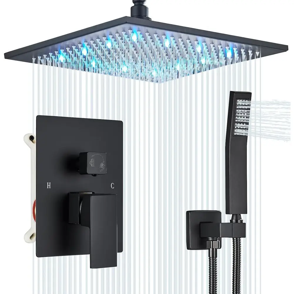 

12-дюймовая потолочная душевая система с LED-лейкой и матовым черным покрытием