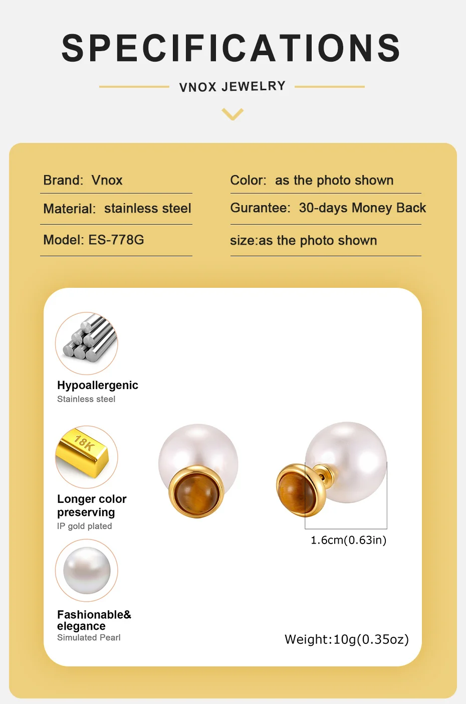 Vnox Vintage Tigerauge Ohrstecker für Damen, Elegante 18K Vergoldete Edelstahl-Imitationsperlen-Kugel-Ohrringe, Alltagsschmuck – Detail 4