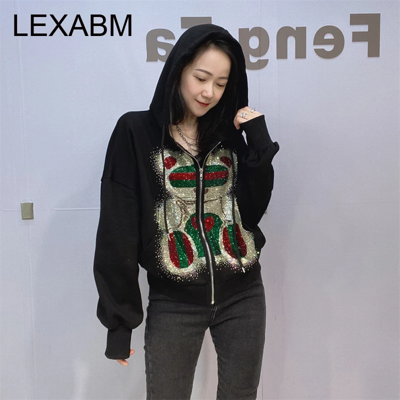 2025 Spring Cartoon Bear Zipper Hooded Sweatershirt Women Y2k Clothes Casual Oversized Long Sleeve Tops Vestidos Bust 130cm