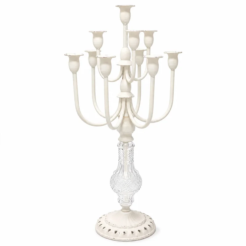Vintage Distressed Iron Candelabra 10-Arm Tall Taper Candle Holder with Clear Accent for Wedding Dining Table Centerpiece Decor