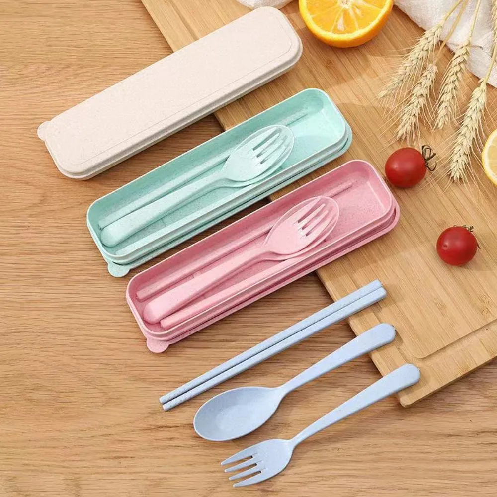 Gift Plastic Cutlery Set With Storage Box Simplicity Spoon Portable Wheat Straw Tableware