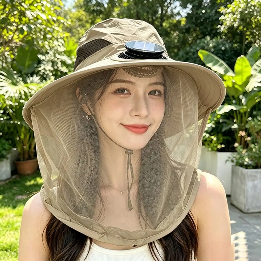 With Net Mesh Mosquito Head Net Hat Foldable UV Protection Wide Brim Sun Cap Cooling High Wind Power Fishing Bucket Hat Fishing