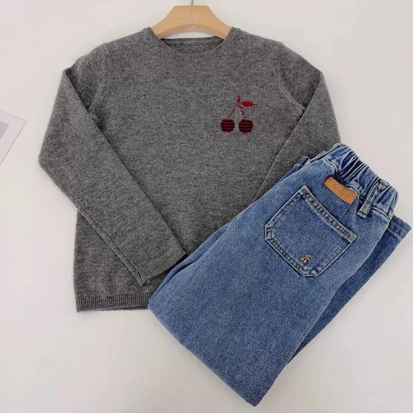

kids clothes winter girls sweaters Grey sweater cherry pattern knit sweater boys and girls warm wool blend Sweaters