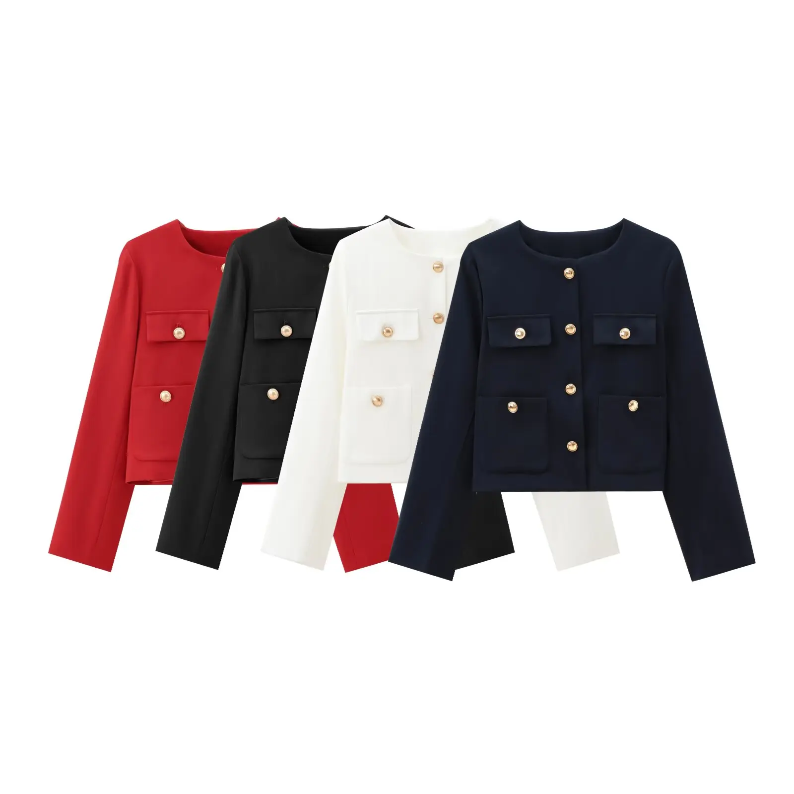 

WOMAN 2025 Summer New Fashion Gold Button Short Coat Vintage O Neck Long Sleeve Pockets Casual Female Outerwear Chic Tops