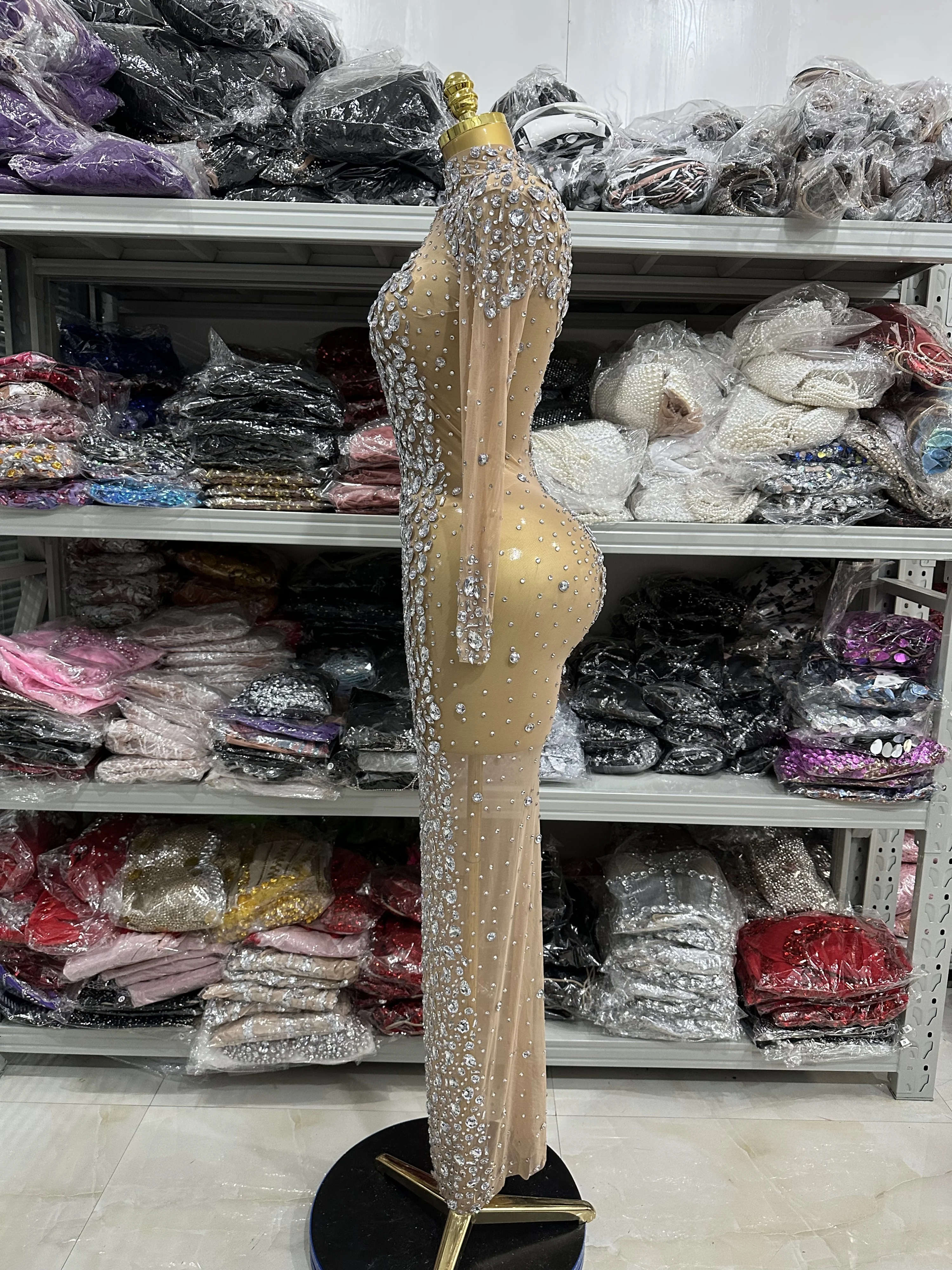 Top Quality Women Long Sleeve Big Crystal Mesh See Through Bodycon Long Gowns Dress Evening Party Celebrate Birthday Wear