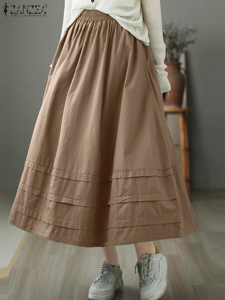 Zanzea feminino casual a linha cintura elástica saia vintage sólido faldas saia elegante trabalho vestido de verão moda férias vestidos 2024