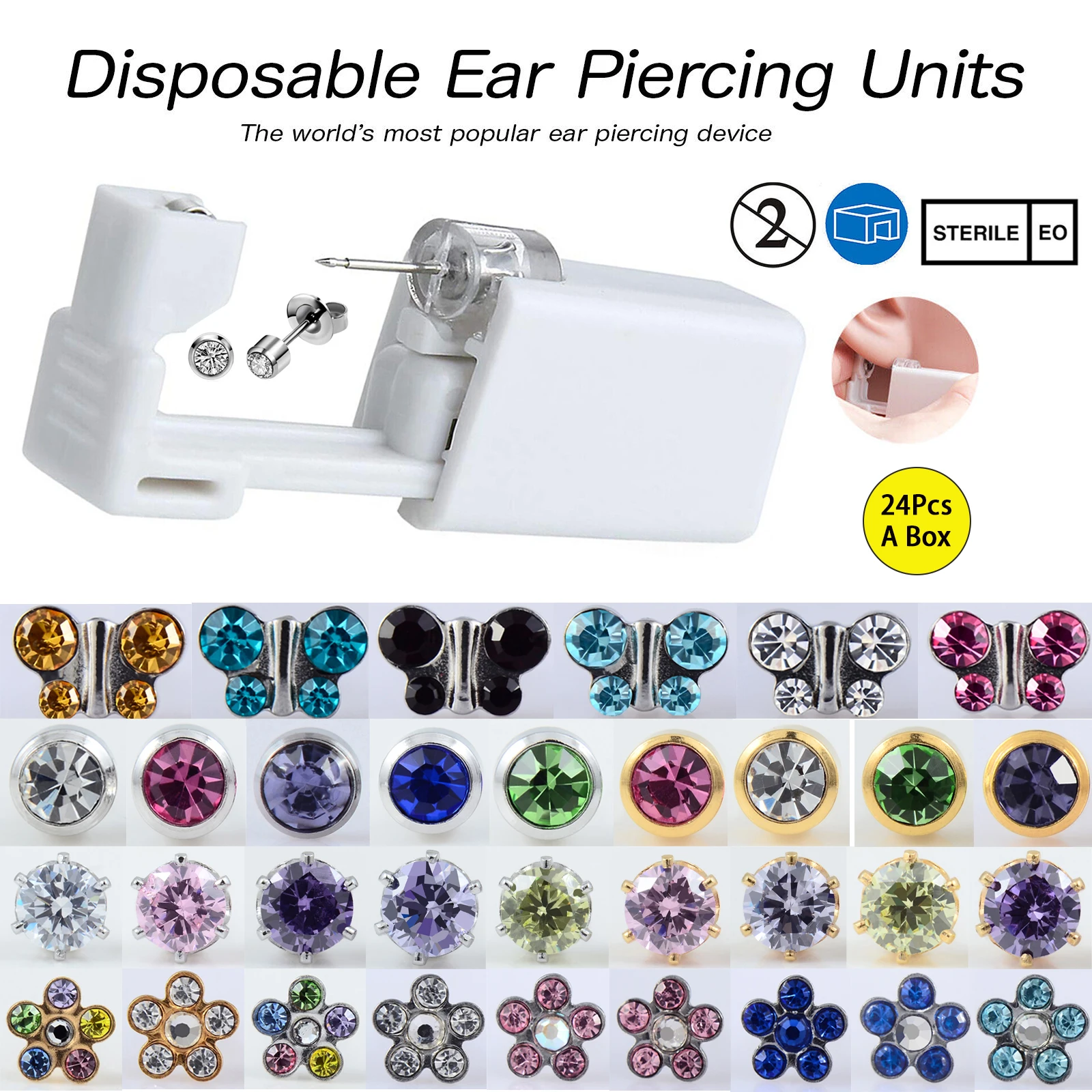 24PCS/Box Sterlised Disposable Ear Piercing Unit Cartilage Tragus Helix Piercing Gun NO PAIN Piercer Device Tool Machine