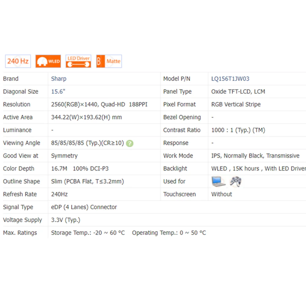 Imagem -04 - Painel Ips Matrix para Laptop 2.5k Tela Lcd 240hz Lq156t1jw04 Apto para Msi Gs66 Qhd 2560x1440 15.6