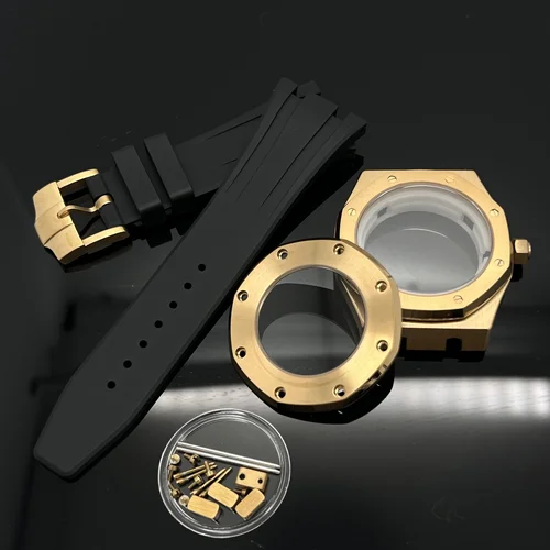 Imagen 1 del producto Correa de Silicona con Hebilla Plateada, Negra y Dorada de 41 mm, Compatible con el Movimiento Royal Oak NH35 NH36 NH70, Reloj Automático para Esfera de 31,8 mm