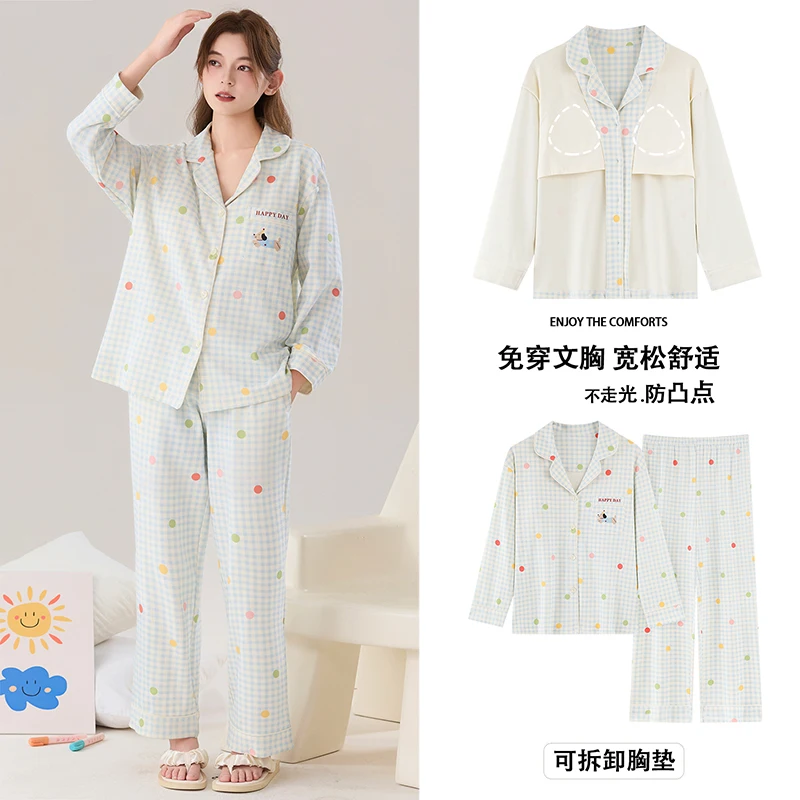 

Big Size M-4XL Spring and Autumn Women Knited Cotton Pyjamas Female Long Sleeve Turn-down Collar Sleepwear With Chest Pad