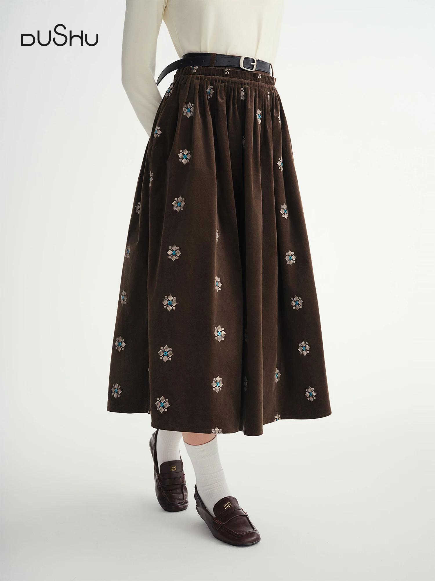 DUSHU Black Skirt Embroidered Retro Stretch Corduroy A-line Skirts Mid-calf Length Pleated Commuting Gothic Retro Elegant Ladies