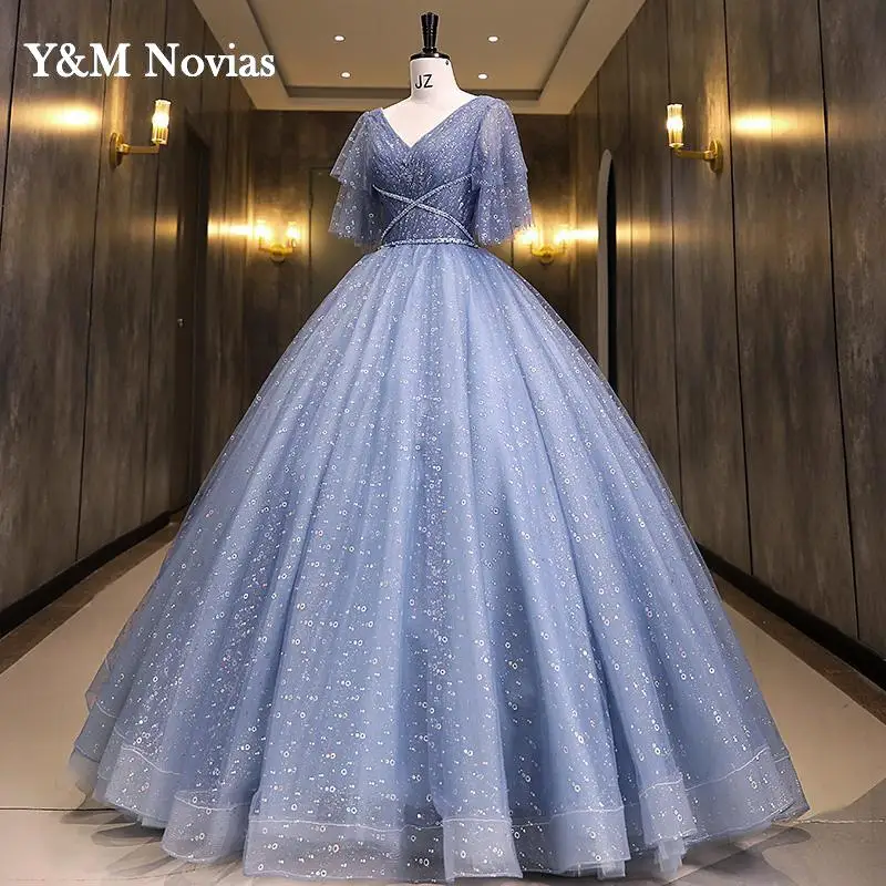 Y & m novias vestido de baile azul doce 16 quinceanera vestido 2022 novo decote em v apliques lantejoulas vestido de festa da princesa vestidos de 15 anos