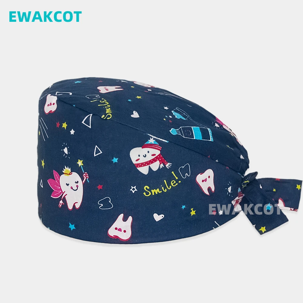 Women Men Soft Cap 100%Cotton Tooth Cartoon Printed Nursing Caps Dental Chef Vet Spa Nurse Doctor Working Hats Scrub Surgery Hat