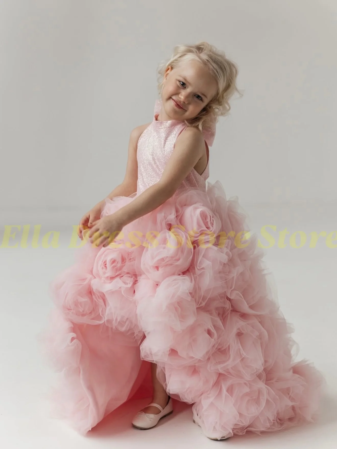Maßgefertigtes Großhandels-Luxuskleid für Blumenmädchen, Hochzeit, Festzug, Rosa Glänzendes 3D-Rosen-Tüllkleid für Geburtstag, Gast, Formelle Laufsteg-Show, Ballkleid – Detail 6