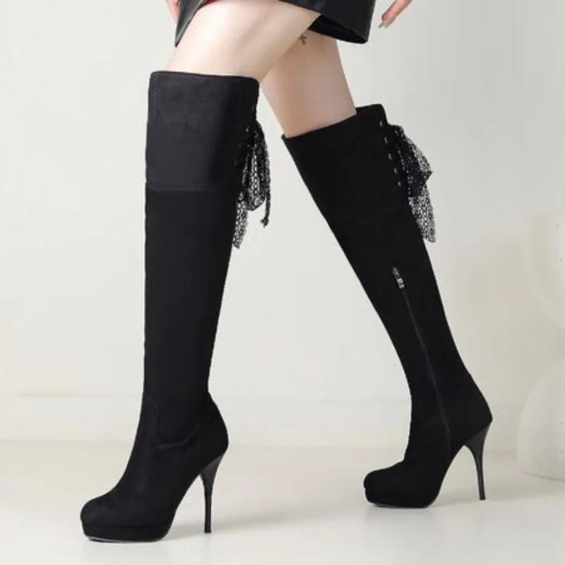 Matte Flock Material Round Toe Ultra High Fine Heel Sexy Long Boots Lace Ribbon Side Zipper Tassel Women's Over The Knee Boots