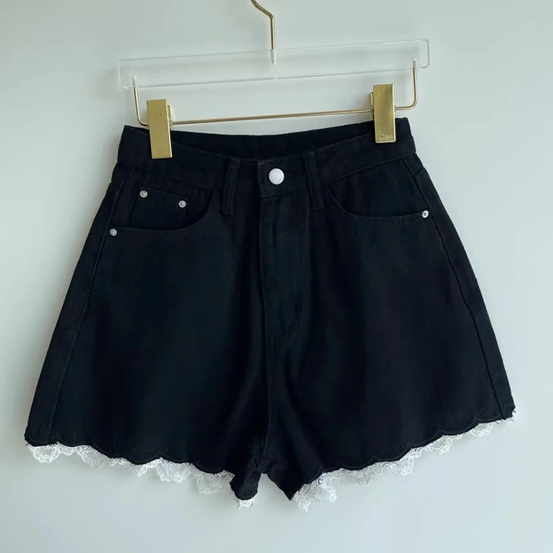 Celana Jeans Ort Kaki Lebar Pinggang Tinggi Wanita Musim Panas Baru Sle Renda Dipangkas Patchwork Denim Ort Celana Pelangsing Pakaian Kasual