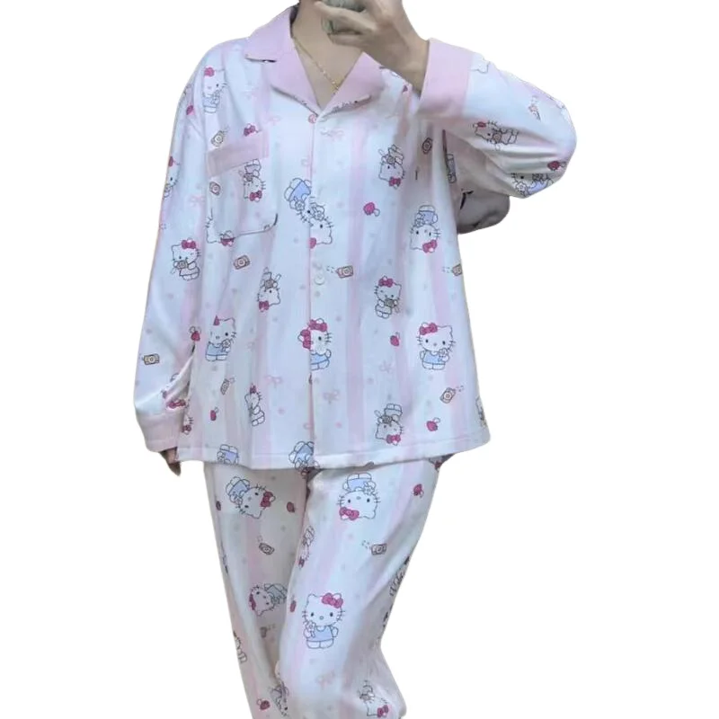 

Hello Kitty Women Pajama Sets Kawaii Cartoon Student Autumn and Winter Keep Warm Long Sleeves Long Pant De Rong Homewear