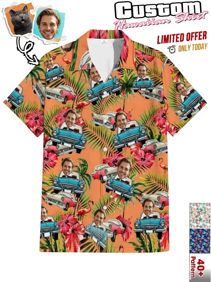 

Custom Face Hawaiian Shirt Vintage Classic Car Flamingo Hibiscus Personalized Photo Short Sleeve Party Vacation Aloha Shirts