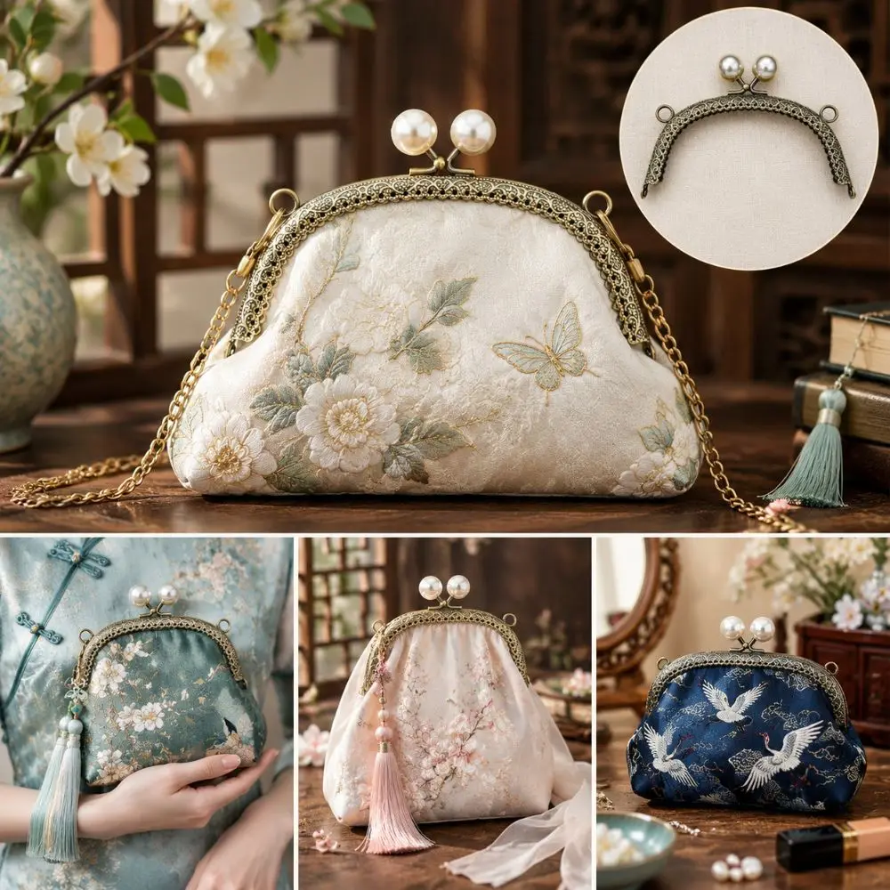 DIY Handcraft Antique Bronze Kiss Clasp Curved Shape Embossed Pattern Bag Frame Pearl Head Metal Purse Coin Purse